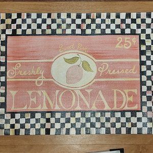 Hand-Painted Floorcloth - Pink Lemonade w Checkerboard border